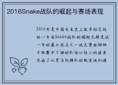 2016Snake战队的崛起与赛场表现