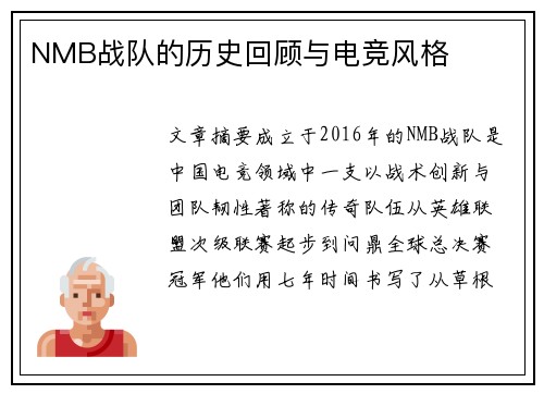 NMB战队的历史回顾与电竞风格