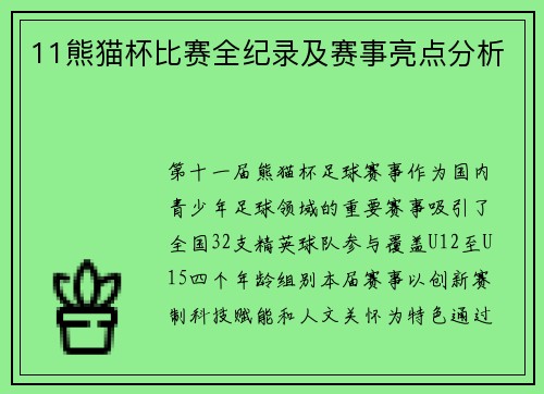 11熊猫杯比赛全纪录及赛事亮点分析